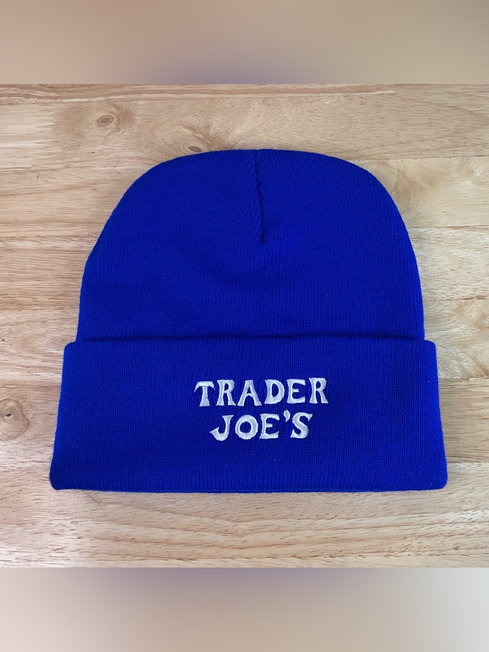Trader Joe's Crew Member Toboggan Beanie Royal Blue Knit Hat White Logo